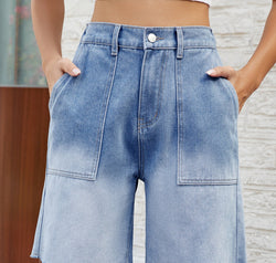 Buttoned Raw Hem Denim Shorts with Pockets