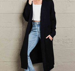 Waffle Knit Open Front Duster Cardigan With Pockets