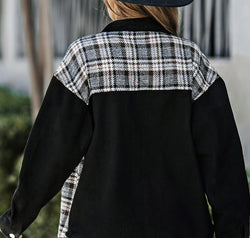 Plaid Pocketed Button Up Denim Jacket