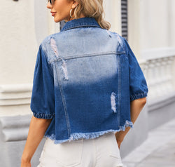 Distressed Raw Hem Button Up Denim Jacket