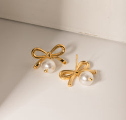 Stainless Steel Bow Pearl Earrings