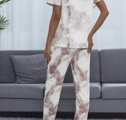 Shiny Tie-Dye Round Neck Short Sleeve Top and Pants Lounge Set