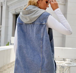 Drawstring Hooded Sleeveless Denim Top with Pockets