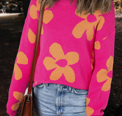Flower Round Neck Long Sleeve Sweater
