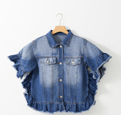 Ruffled Raw Hem Half Sleeve Denim Top