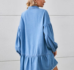 Button Up Pocketed Raw Hem Denim Dress