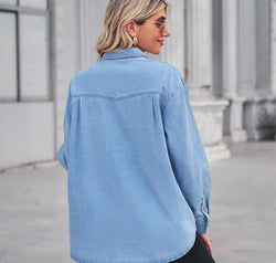 Collared Neck Dropped Shoulder Denim Top