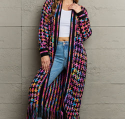 Multicolored Open Front Fringe Hem Cardigan