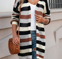 Full Size Striped Long Sleeve Openwork Cardigan