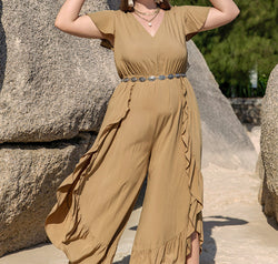 Plus Size Slit Ruffled V-Neck Jumpsuit