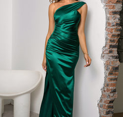 One-Shoulder Ruched Slit Maxi Dress