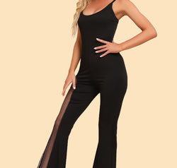 Spliced Mesh Spaghetti Strap Jumpsuit