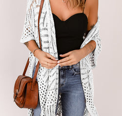 Openwork Open Front Cardigan with Fringes