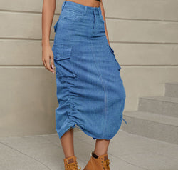 Drawstring Ruched Slit Denim Midi Skirt