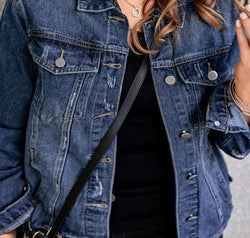 Plus Size Distressed Button Up Raw Hem Denim Jacket