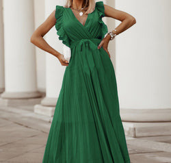 Tied Surplice Cap Sleeve Pleated Dress