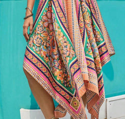 Printed High Waist Handkerchief Hem Skirt