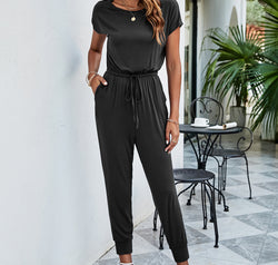 Drawstring Waist Short Sleeve Jogger Jumpsuit