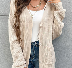 Button Front Drop Shoulder Waffle Cardigan