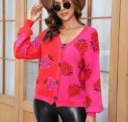 Printed V-Neck Button-Down Long Sleeve Cardigan