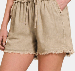 Zenana Washed Linen Frayed Hem Drawstring Shorts