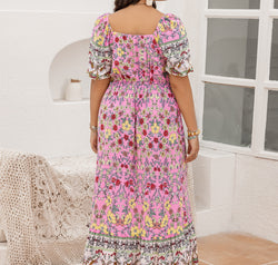 Plus Size Printed Square Neck Ruffle Hem Dress