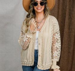 Eyelet Button Up Lantern Sleeve Cardigan