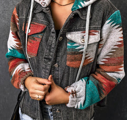 Drawstring Hooded Pocketed Denim Jacket