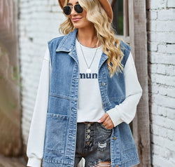 Button Front Sleeveless Denim Jacket
