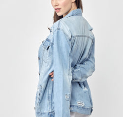 RISEN Full Size Distressed Long Sleeve Denim Jacket