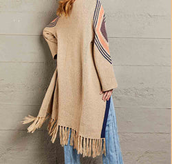 Geometric Fringe Hem Open Front Duster Cardigan