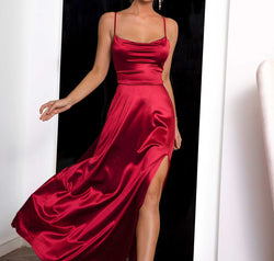 Spaghetti Strap Lace-Up Back Split Dress