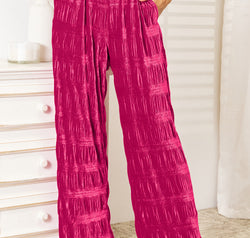 Double Take Full Size High Waist Tiered Shirring Velvet Wide Leg Pants