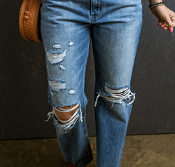 Distressed Raw Hem Jeans with Pockets