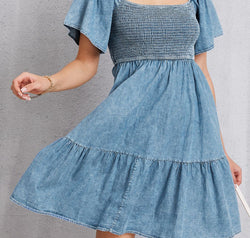 Smocked Square Neck Mini Denim Dress