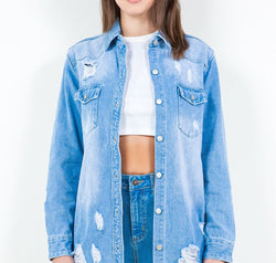 American Bazi Frayed Hem Distressed Denim Shirt Jacket