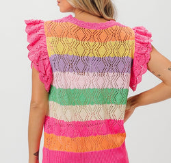 BiBi Pointelle Striped Ruffled Knit Top