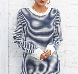 Angel Wings Striped Round Neck Long Sleeve Knit Top