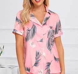Printed Button Up Short Sleeve Top and Shorts Lounge Set