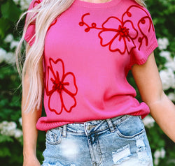 Crochet Flower Round Neck Cap Sleeve Sweater