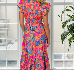 Printed V-Neck Cap Sleeve Pocketed Midi Dress