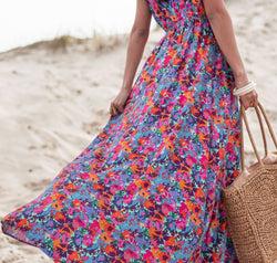 Slit Printed Cap Sleeve Maxi Dress