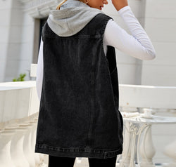 Drawstring Pocketed Button Up Sleeveless Denim Jacket