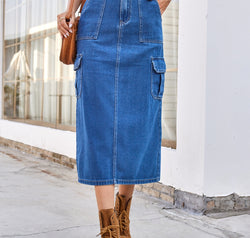 Slit Midi Denim Skirt with Pockets