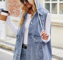 Drawstring Hooded Sleeveless Denim Jacket