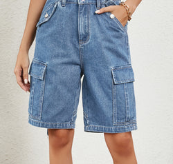 Buttoned Elastic Waist Denim Shorts with Pockets