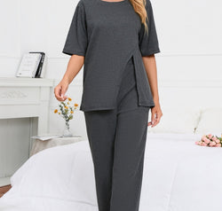 Slit Round Neck Top and Pants Lounge Set