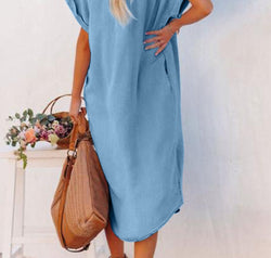 Slit Button Up Short Sleeve Imitation Denim Dress