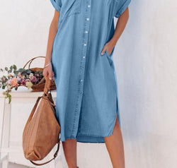 Slit Button Up Short Sleeve Imitation Denim Dress
