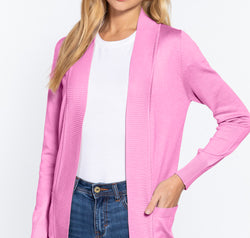 ACTIVE BASIC Ribbed Trim Open Front Cardigan